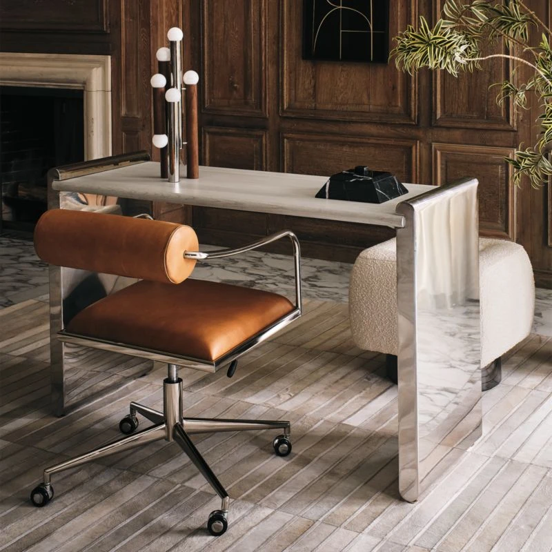 Raggio Stainless Steel Desk With White Wood Top - Image 2