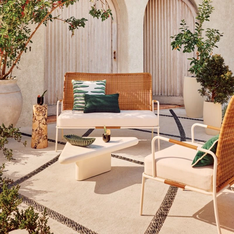 Colombe Ivory Metal And Rattan Outdoor Loveseat With Ivory Sunbrella® Cushions - Image 2