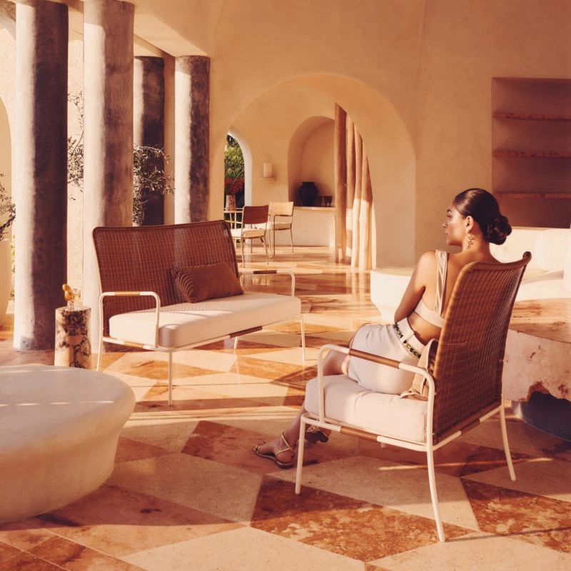 Colombe Ivory Metal And Rattan Outdoor Loveseat With Ivory Sunbrella® Cushions - Image 3