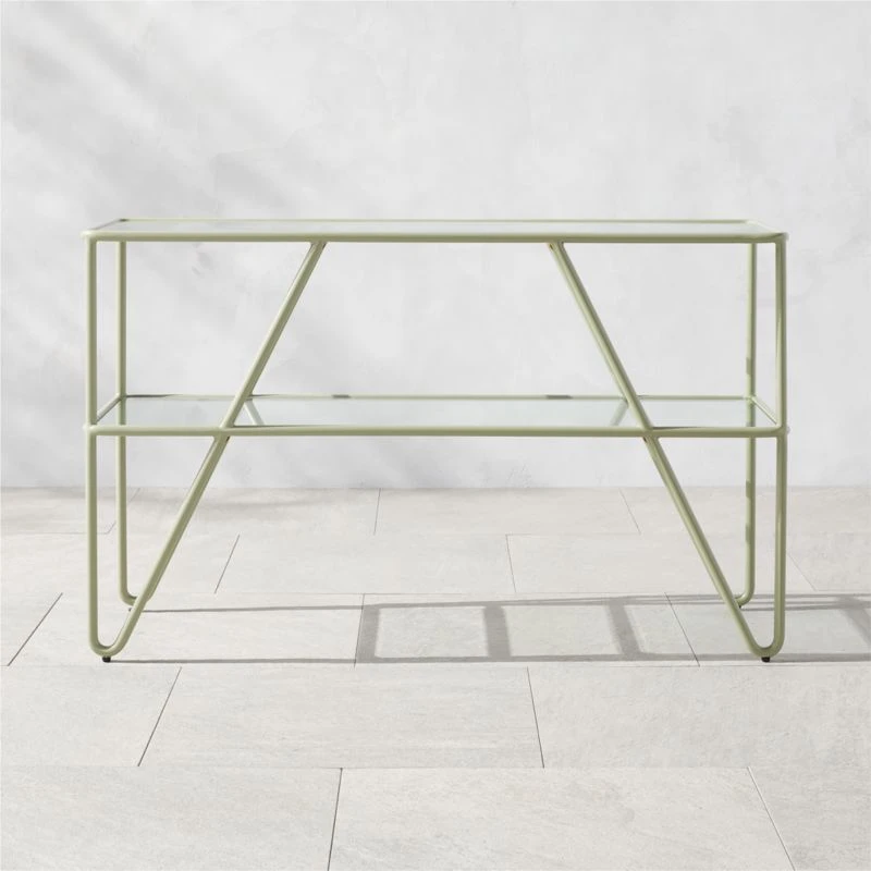 Colombe Green Metal Outdoor Console Table With Glass Top