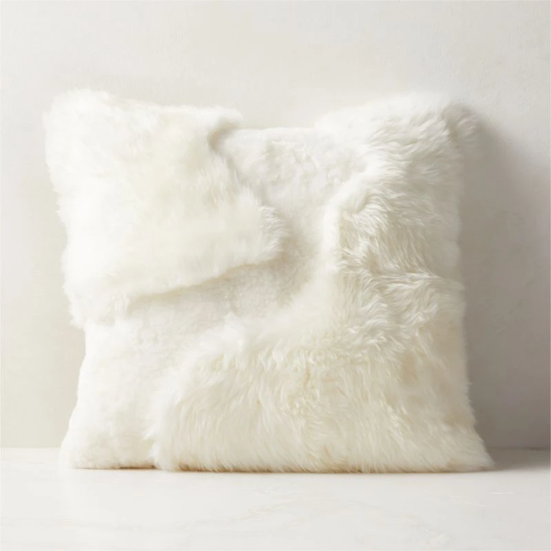 Connect White Sheepskin Fur Throw Pillow With Feather-Down Insert 20"