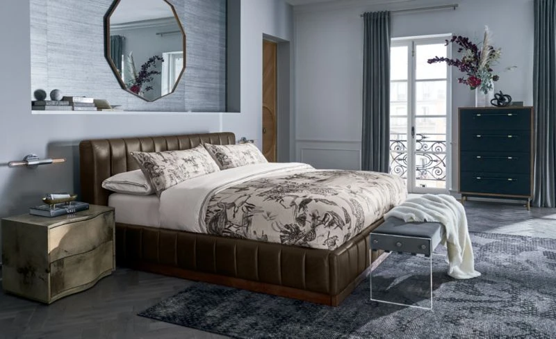 Oberlin Tall 4-Drawer Black Leather And Wood Dresser - Image 2