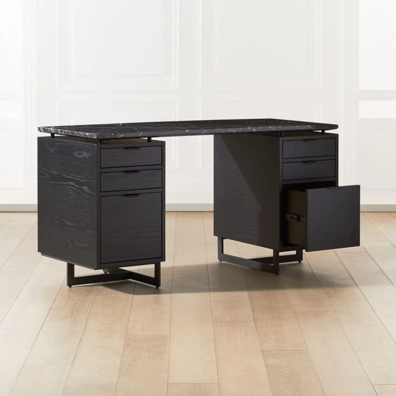 Fullerton 6-Drawer Black Oak Wood Desk With Black Marble Top - Image 3