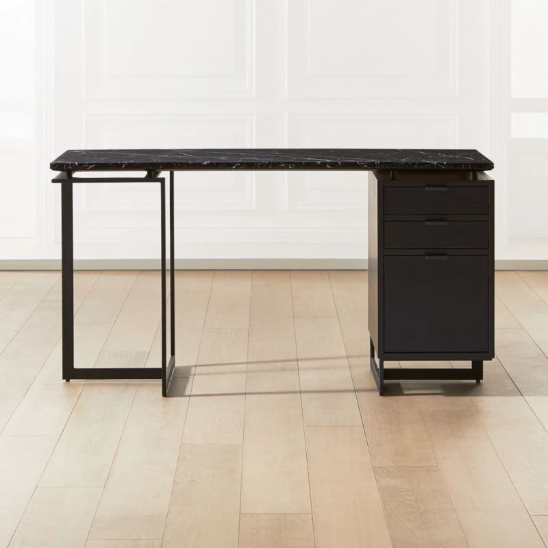 Fullerton 3-Drawer Black Metal And Oak Wood Desk With Black Marble Top