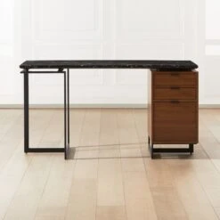 Fullerton 3-Drawer Metal And Walnut Wood Desk With Black Marble Top