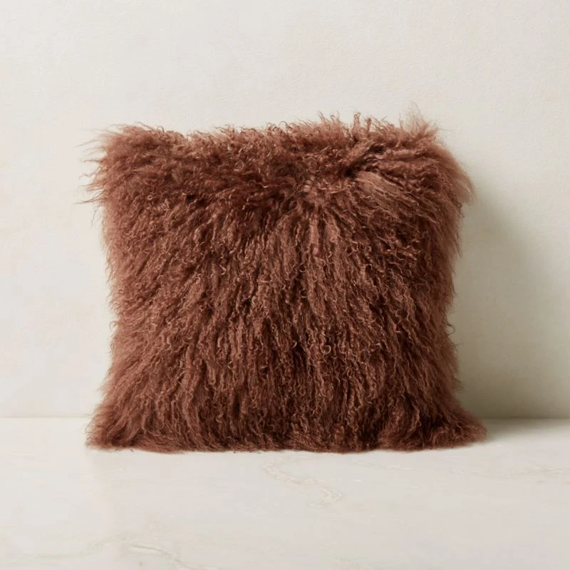 Mongolian Brown Sheepskin Fur Throw Pillow With Down-Alternative Insert 16''