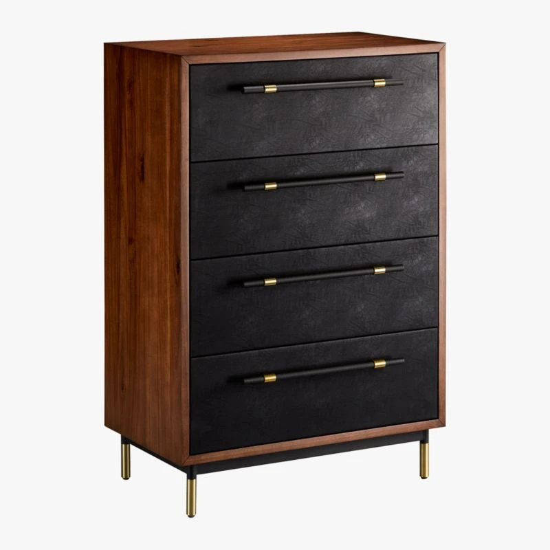 Oberlin Tall 4-Drawer Black Leather And Wood Dresser - Image 4