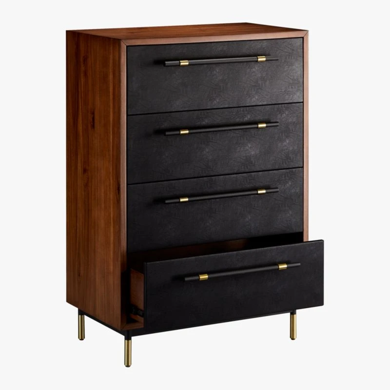 Oberlin Tall 4-Drawer Black Leather And Wood Dresser - Image 5
