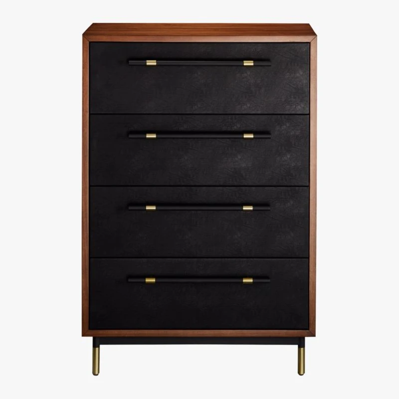 Oberlin Tall 4-Drawer Black Leather And Wood Dresser - Image 3