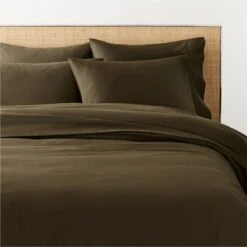 Organic Cotton Sateen 520 Thread Count Dark Green Duvet Cover And Pillow Shams