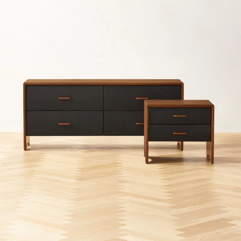 Ralston 2-Drawer Black Leather And Walnut Wood Nightstand - Image 2