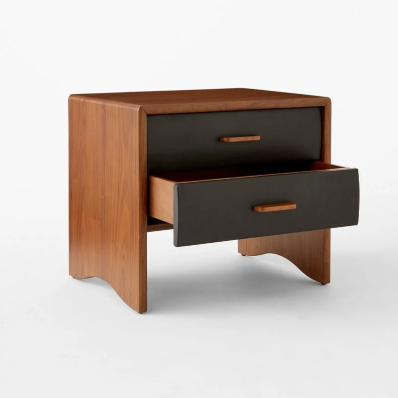 Ralston 2-Drawer Black Leather And Walnut Wood Nightstand - Image 5