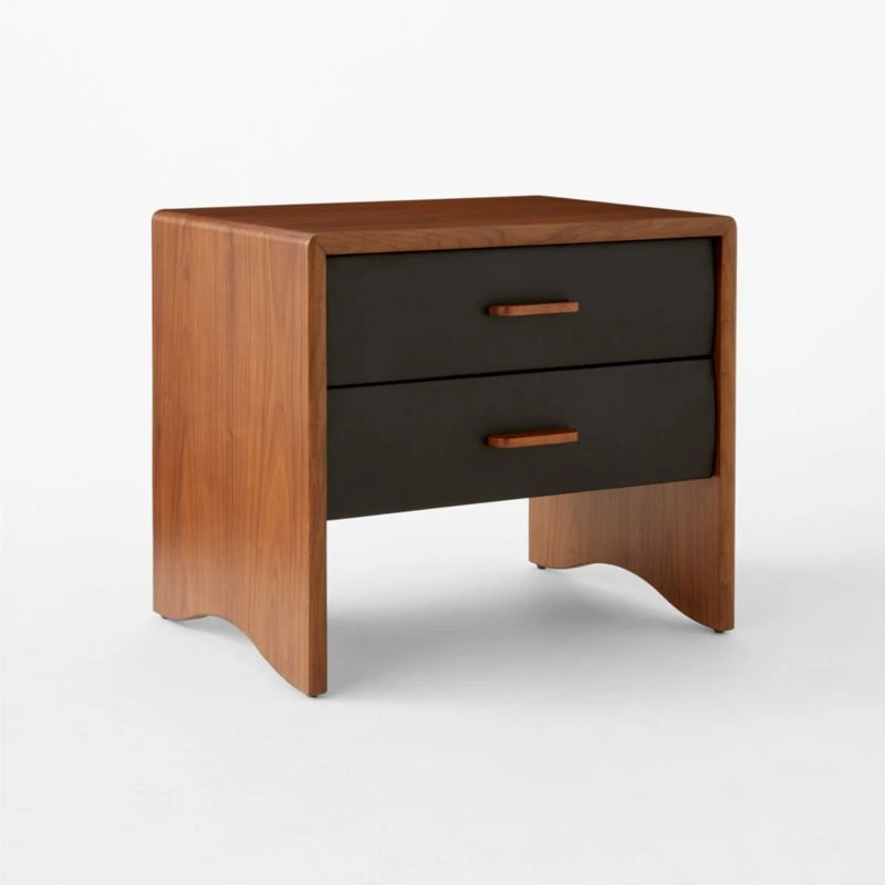Ralston 2-Drawer Black Leather And Walnut Wood Nightstand - Image 4