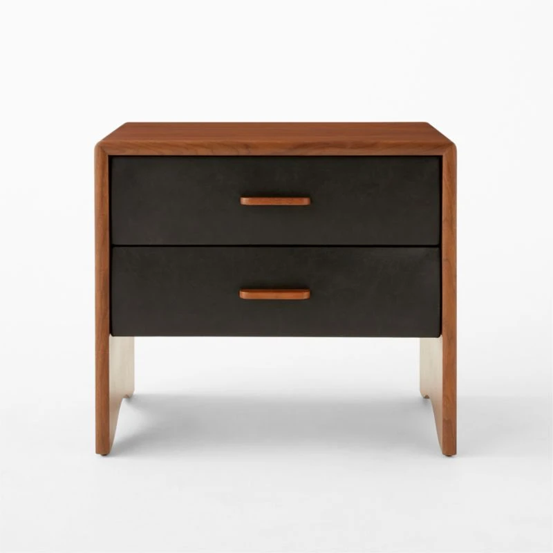 Ralston 2-Drawer Black Leather And Walnut Wood Nightstand - Image 3