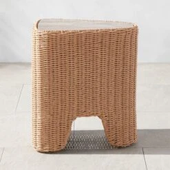 Remo Travertine And Rattan Outdoor Side Table